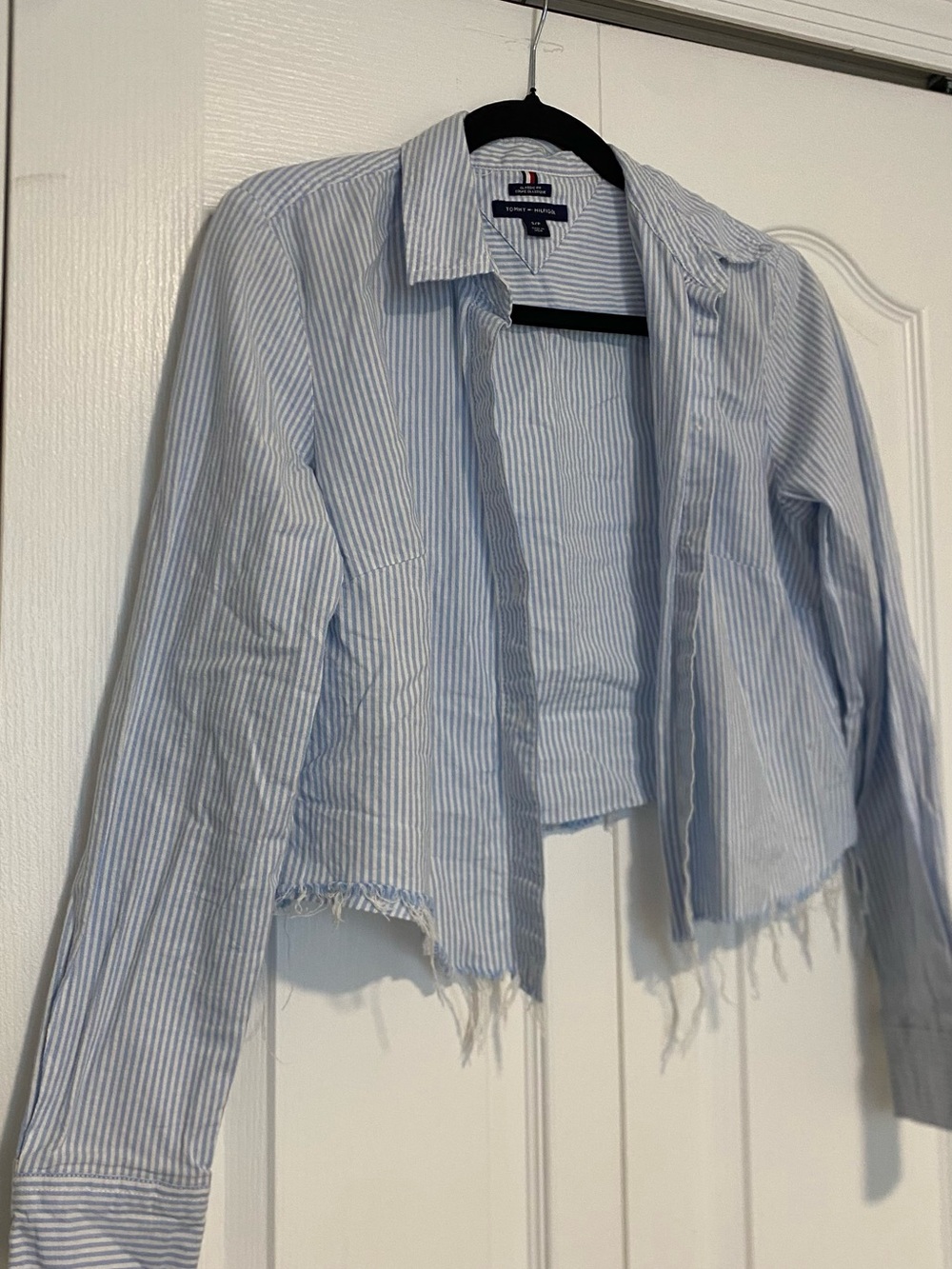 Tommy Hilfiger Light Blue & White Striped Cropped Shirt Jacket